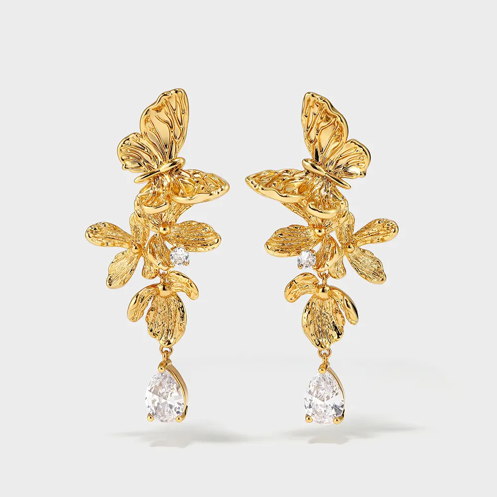 Nature Inspired Gold Butterfly CZ Earrings 24K Gold Plated Engagement Wedding Anniversary Gift For Her - booneealus