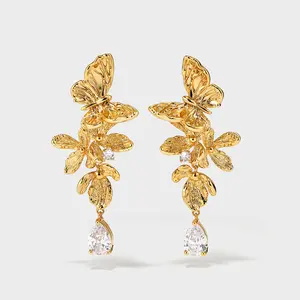 Nature Inspired Gold Butterfly CZ Earrings 24K Gold Plated Engagement Wedding Anniversary Gift For Her - booneealus