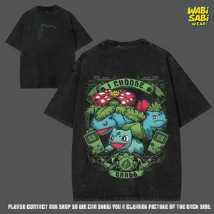 Bulbasaur Grass - PKM Japanese Anime Manga Oversized Graphic Tee Vintage Y2K Trendy Design Casual Printed Acid Washed Cotton T-Shirt Unisex Streetwear, Apparel Classic Crewneck Top Manga Menswear, Gift Fan Lover