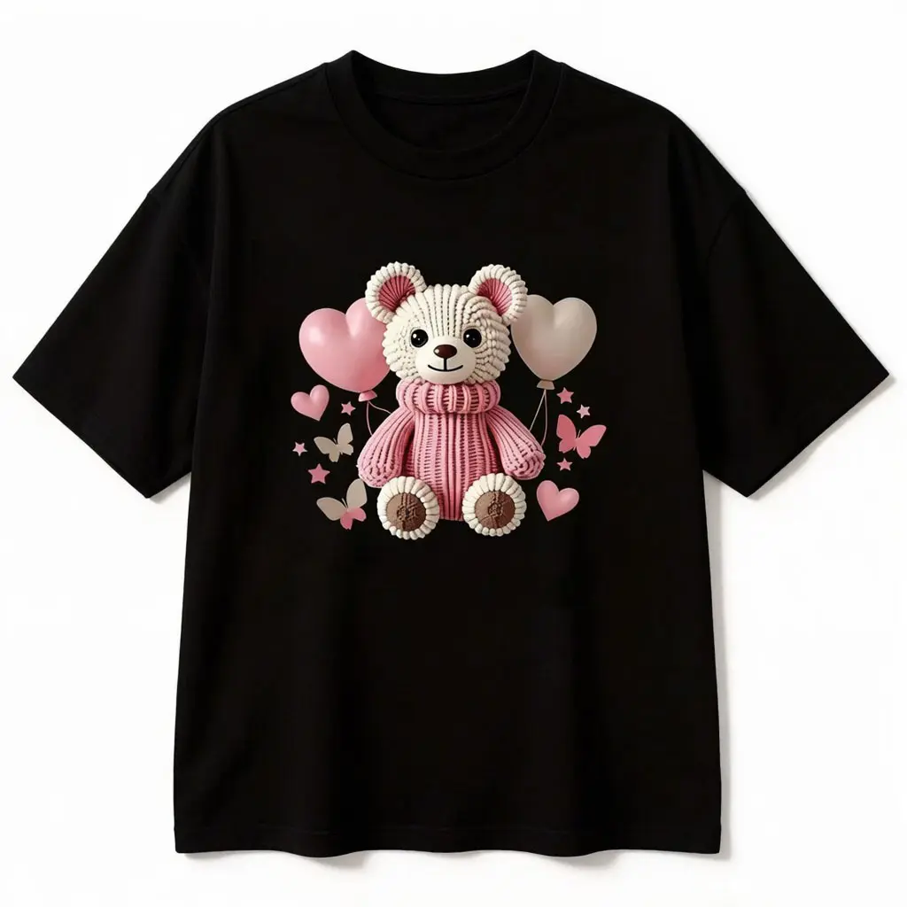 Women's Soft T-Shirt with Adorable Teddy Bear & Balloon Print – Short Sleeve, Casual Round Neck Top, Lightweight  for Casual Attire, Casual Daily Wear |   Girly Casual Style |   Comfortable Fit