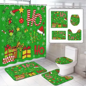 1/4pcs Christmas Bath Curtain Set with Christmas Tree Design, Non-Slip Mat, U-Shaped Rug, Toilet Lid Cover, Includes 12 Hooks, Bathroom Supplies