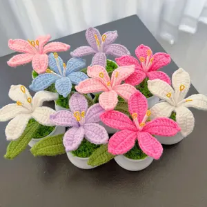 Creative Knitting Lily Flower Potted Crochet Flowers Hand Woven Plant for Car Home Decor Mother's Day Gift