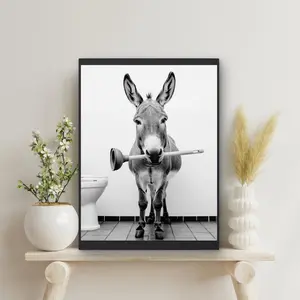 Potty Chaos Donkey Bathroom Wall Art – Funny Donkey with Plunger Poster, Kids Bathroom Decor, Donkey Lover Gift, Housewarming Print, Room Decor, Unframed