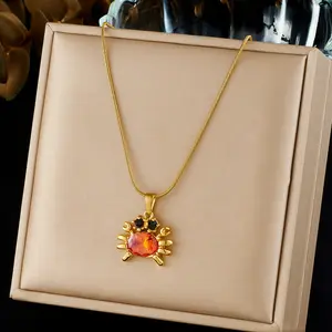 Simple Diamond-Encrusted Crab Pendant Necklace, Light Luxury Gold-Plated Stainless Steel Jewelry, Collarbone Chain For Women, Versatile Accessory