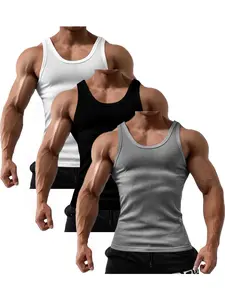 3-piece set of men's 100% cotton A-line vests, solid color ribbed sleeveless tops