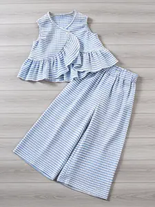 Girls' Summer Plaid Ruffle Sleeveless Two-Piece Set, V Neck Top with Ruffled Chest, Matching Wide Leg Pants, Sweet Style for Ages 3-8