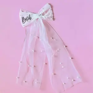Cute Bride to Be Future Mrs Pearl Bow white short Veil Hair Accessories Bachelorette Hen Party bridal shower beach rustic boho disco Wedding engagement Bach weekend girls trip decoration gift present Photo props