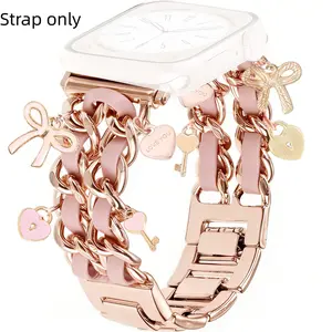 1PC metal double chain leather rope accessory chain style Apple Watch bands, Smart watch accessories, compatible with Apple Watch 38/40/41/42/44/45/46/49mm, suitable for Apple Watch series Ultra/SE/9/8/7/6/5/4/3 (strap only, watch and case not included