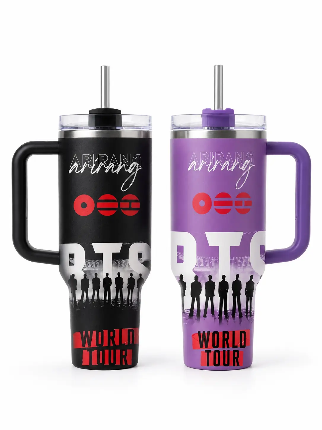 Large Capacity Stainless Steel Travel Tumbler with Handle, Lid and Reusable Straw – Black or Purple