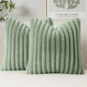 Faux Fur Decorative Throw Pillow Covers 18x18 Inch Set of 2, Modern Spring Home Decor Soft Plush Couch Pillows Cozy Fluffy Cushion Covers for Sofa Bed Sage Green