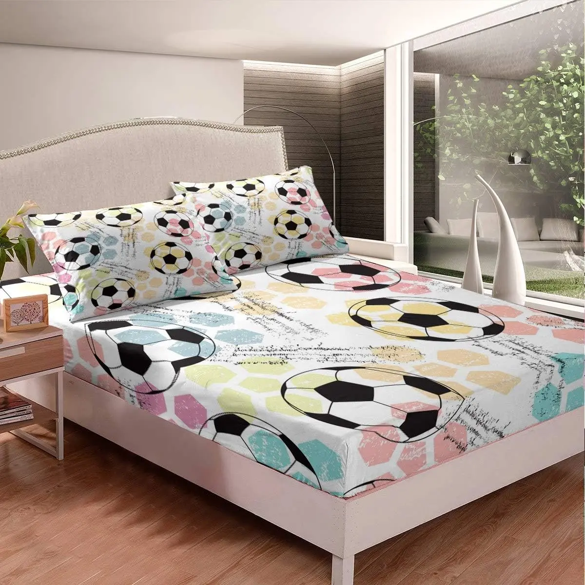 Feelyou Football Bedroom Bedding Set - Decorative Sports Theme Microfiber Sheet Set, Soccer Ball Pattern, Breathable Colorful Grunge Style Fitted Sheet & Bed Cover, Decorative Bedding Set