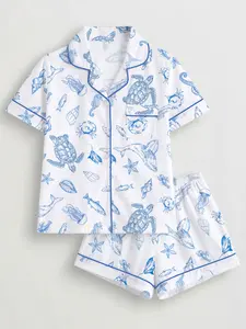 Women's 2-Piece Pajama Set, Ocean Shark Shell Whale Print, Casual Fitted Sleepwear, Comfortable Short Sleeve Top & Elastic Shorts, Perfect for Holidays