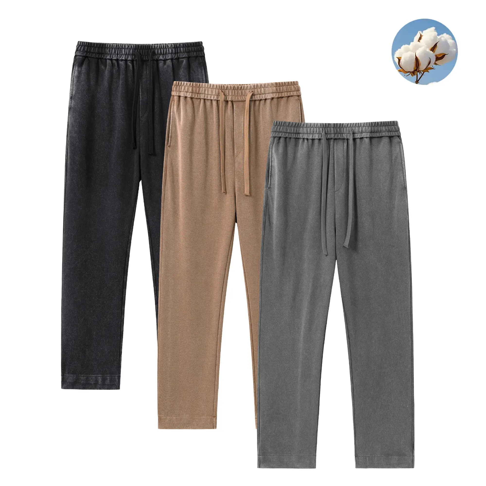 Men's 3-Pack Washed Cotton Sweatpants - Loose-Fit, Solid Color, Athleisure Pants, Casual Sports Pants, All-Season Unisex Sizes