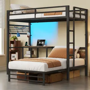HOOBRO Bunk Bed Twin Over Twin with Desk, Twin Bunk Bed with 2 Shelves and LED Lights, Metal L-Shaped Bunk Bed with Guardrails, Twin Loft Beds Space-Saving, Black and Rustic Brown