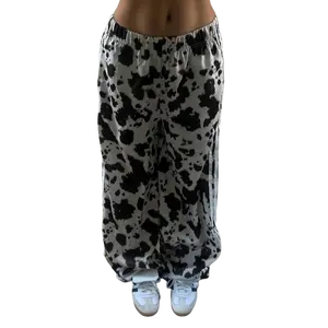 [new]Women's Casual Random Cow Print Elastic Waist Wide Leg Pants, Y2K Style Loose-Fitting Sporty Trousers for Daily Wear, Casual Streetwear Pants