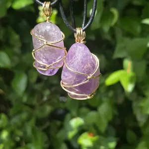 Amethyst Crystal Tumbled Necklaces - Purple Gemstone Jewelry with Gold Wire Wrap Design