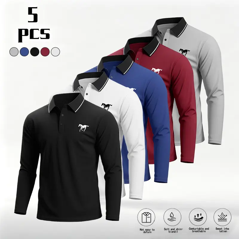 Men’s long-sleeve polo shirt with a turn-down collar; lightweight pullover base layer for spring and autumn; button-front top that can be worn alone; suitable for casual sports, golf, and business/office wear; color-contrast collar design with classic pri