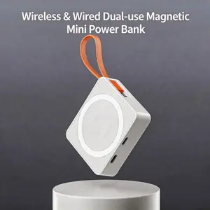 3-in-1 mini magnetic wireless USB Portable Power Bank with cable, 20W fast charge & 5000mAh. Charges iPhone, Android, earbuds & Apple Watch for travel. 30% smaller, no camera block. 3 colors, supports wired & wireless charging at the same time.