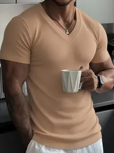 Men's summer plain-colored short-sleeved breathable fashionable streetwear Minimalistic Activewear T-shirt, V-neck fitted short-sleeve design, suitable for gym workouts and outdoor leisure wear, available in multiple colors, Training Shirt