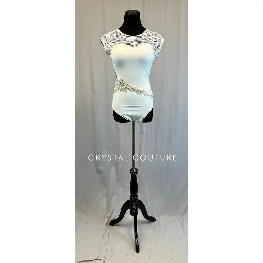 White Mesh and Lycra Leotard with Applique - Swarovski Rhinestones