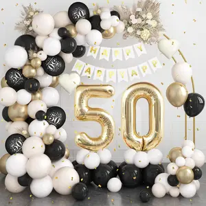 50th Birthday Decorations Black Gold Sand White,50th Balloon Arch Garland Kit With Champagne Gold Number 50 Balloons Happy Birthday Banner for Women Men 50 Party Decoration