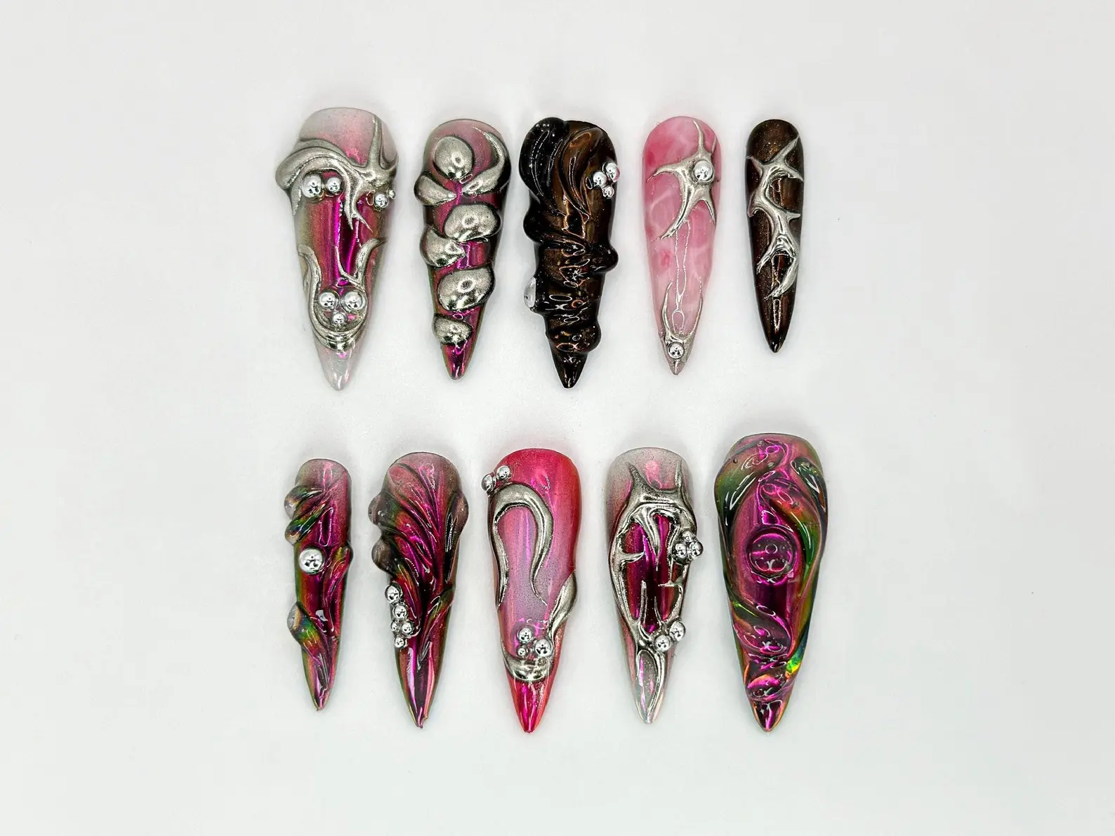 HelenNails - Gothic Metallic Press-On Nails | Futuristic Pink Chrome | 3D Silver Art Deco-Inspired Details - HL170