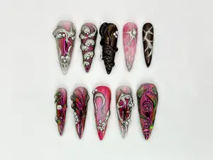 HelenNails - Gothic Metallic Press-On Nails | Futuristic Pink Chrome | 3D Silver Art Deco-Inspired Details - HL170