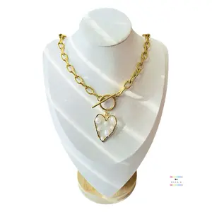 Faux Pearl Heart Charm Gold Necklace / Gold Plated Stainless Steel Oval Etched Chain Necklace / Faux Pearl Chunky Chain Heart Necklace / Fashion Jewelry Necklace