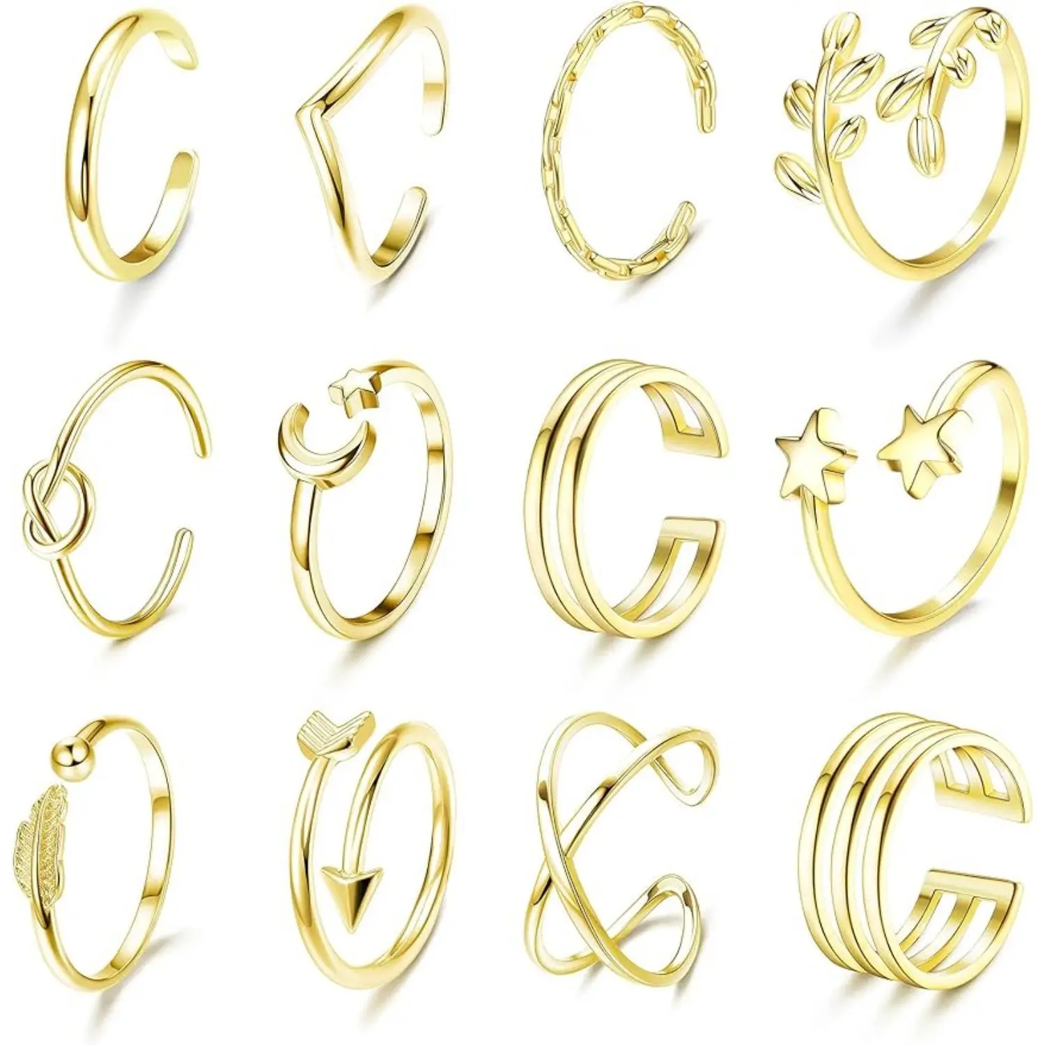 Cassieca  12 Count Arrow Knot Wave Rings for Women Open Rings Set Adjustable Stackable Thumb Open Rings Set Daily, Elegant Everyday Ring, Exquisite Trendy Ring