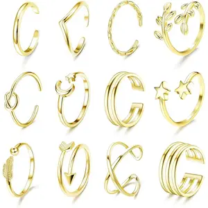 Cassieca  12 Count Arrow Knot Wave Rings for Women Open Rings Set Adjustable Stackable Thumb Open Rings Set Daily