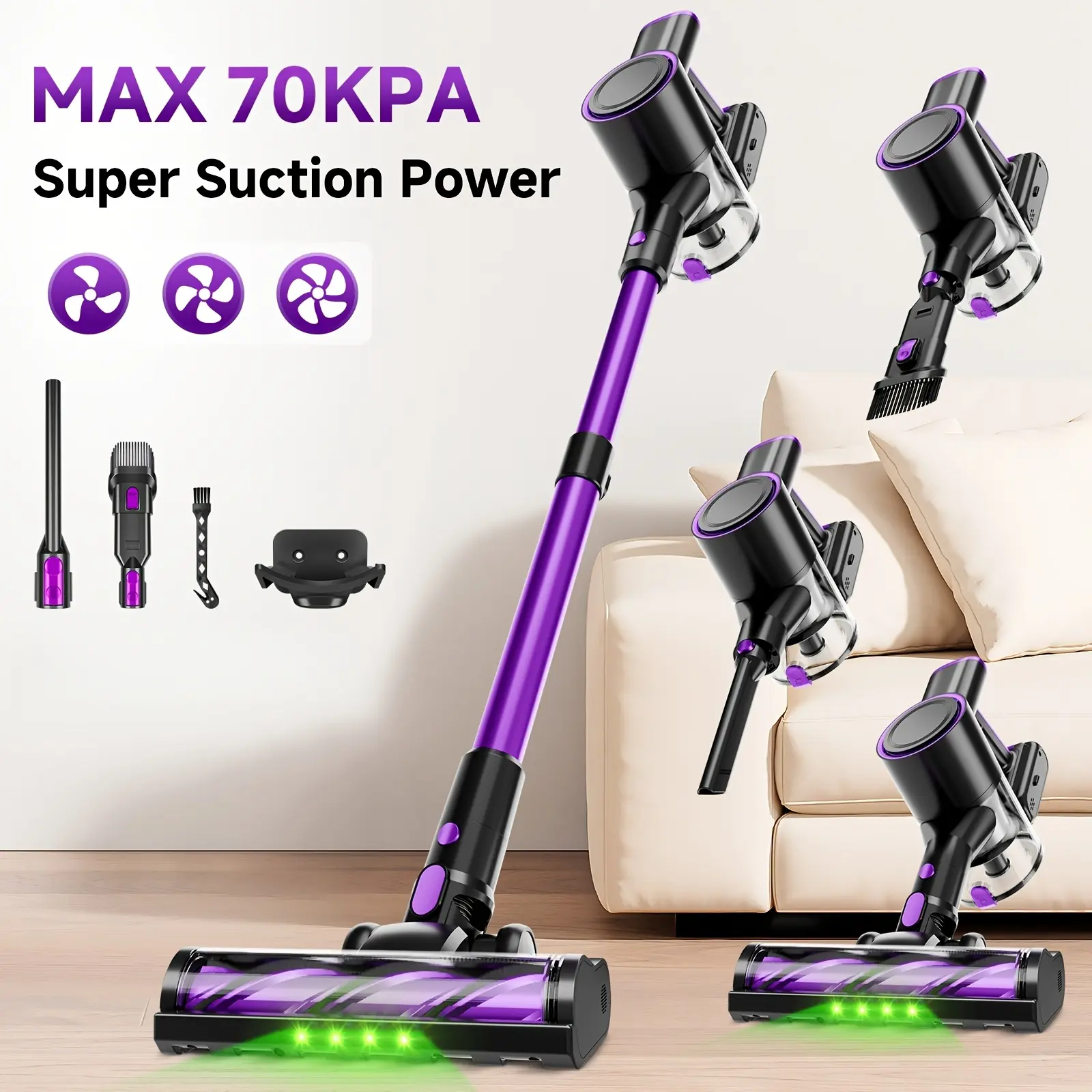 Wired/Wireless Vacuum Cleaner, 55-70KPa Vertical Vacuum Cleaner, Three-speed Adjustment, 45 Minutes Of Battery Life, Detachable Battery, LED Floor Brush, Lightweight Handheld Vacuum Cleaner, Suitable for Pet Hair/carpet/floor. Color: Purple
