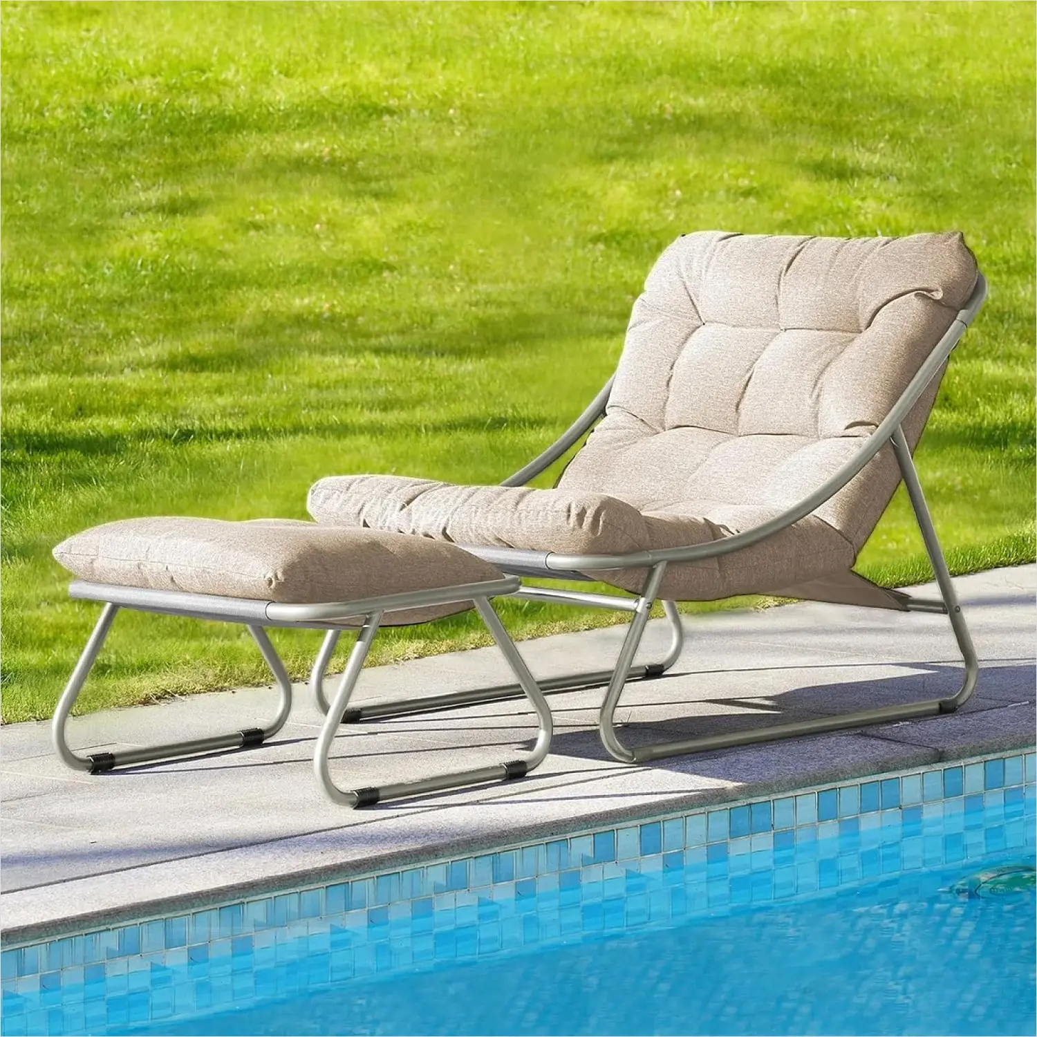 GRAND PATIO Outdoor Pool Lounge Chair with Ottoman, Modern Comfy Sling Recliner Set featuring a Puffy Cushion