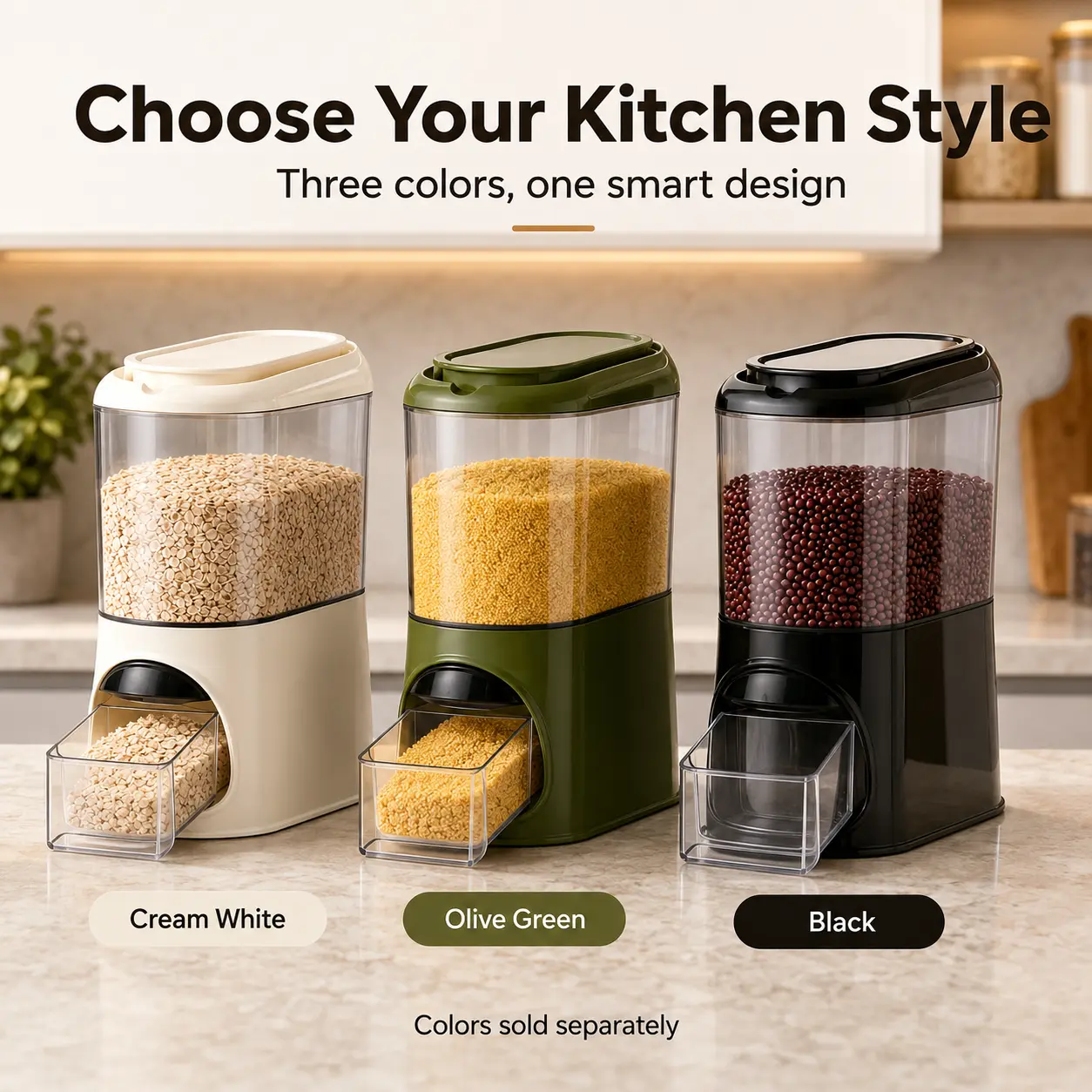 Compact Vertical Rice Dispenser with Removable Measuring Cup & Airtight Transparent Window, Slim Dry Grain Storage Bin for Countertop, Pantry & Apartment, Stores Rice, Oats, Beans, Cereals