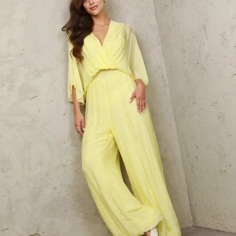 Romantic Jumpsuit Yellow Silk - Elegant V-Neckline & Bell Sleeves for Women