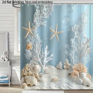 Ocean-Themed Bathroom Shower Curtain, Light Blue Coral Starfish Seashell Bubble Beach Design, Machine Washable, Easy Hanging, Coastal Bathroom Decor, Shower Curtain for Bathrooms, Home Spa Setup, Home Decorators﻿