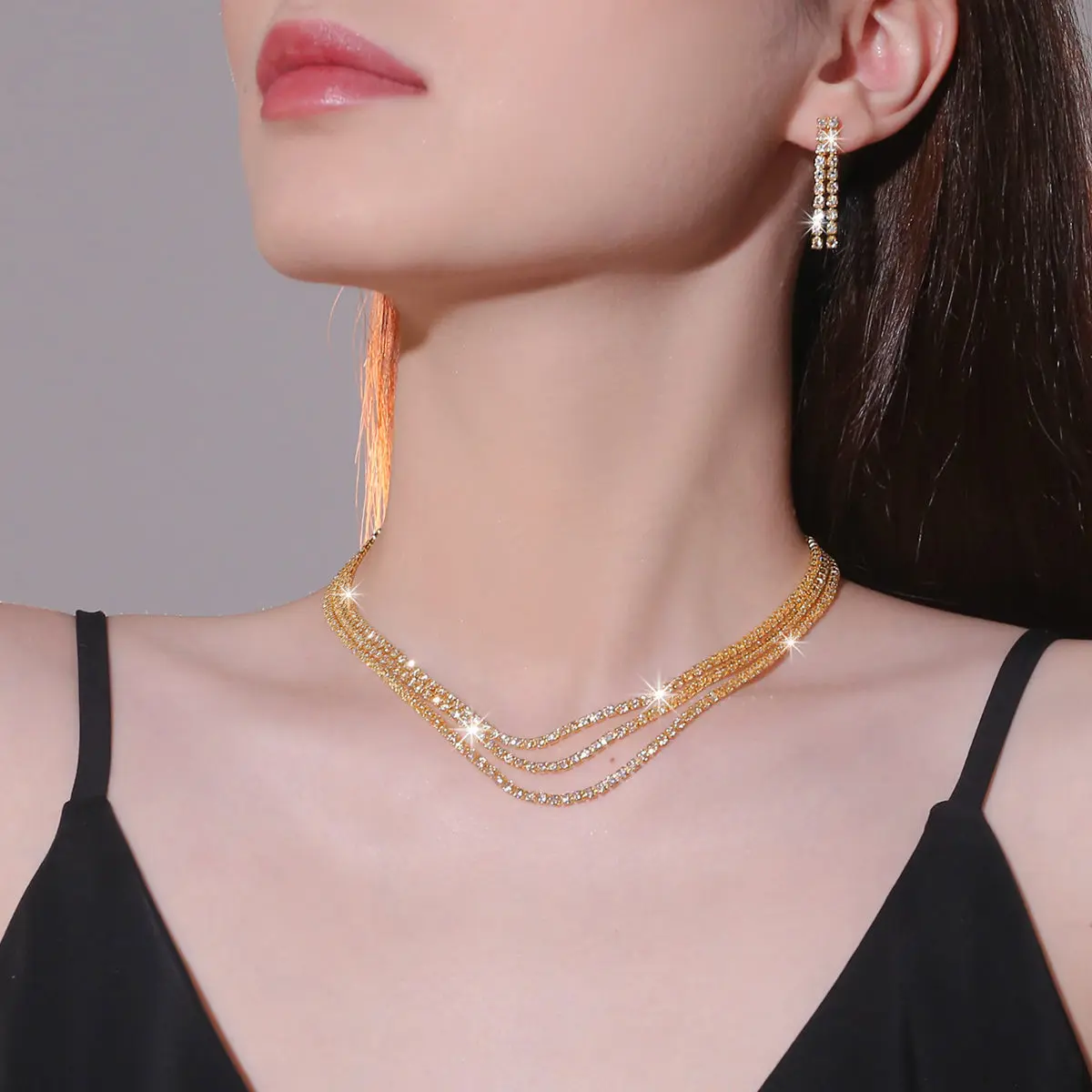 Women's 1-Set Sparkly Full Rhinestone Tassel Jewelry Set, Elegant Necklace and Earrings