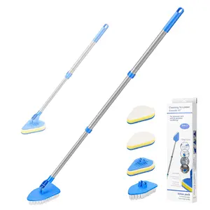 Shower Scrubber for Cleaning, Jhua Shower Cleaning Brush Tub Cleaner Brush with Long Handle 35" Extendable Wall Scrubber, 1 Stiff Bristle Scrub Brush, 3 Sponge Brush for Cleaning Tile Bathroom Kitchen Steel Adjustable Bathtub