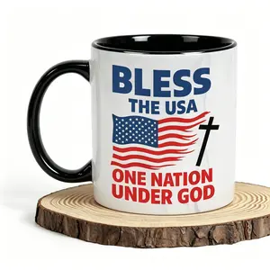 Coffee Mug with American Flag, Bless The USA & One Nation Under God Text - Stars & Stripes Design