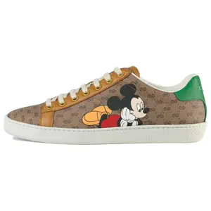 GUCCI Disney X GUCCI Women's Ace 'Mickey Mouse Ebony' GG Canvas Sports Shoe with Light Brown Leather Details & Vintage Feel Casual Sneaker Trainer Footwear