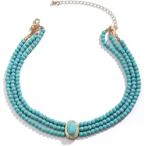 Turquoise Beaded Choker Necklace - Dainty Layered Chain Gemstone Necklace Choker - Trendy Jewelry Gift for Women Wedding Birthday Graduation Banquet Anniversary Make-up Party Summer Beach Holiday