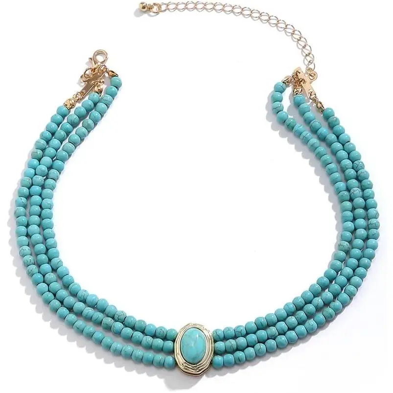 Turquoise Beaded Choker Necklace - Dainty Layered Chain Gemstone Necklace Choker - Trendy Jewelry Gift for Women Wedding Birthday Graduation Banquet Anniversary Make-up Party Summer Beach Holiday