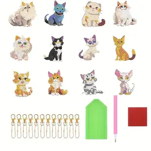 12 DIY Cartoon Cat Diamond Painting Keychain Kit, Handmade Dual-Sided Art Keychains, Cute Cat Decorations for Home Garden Party Supplies