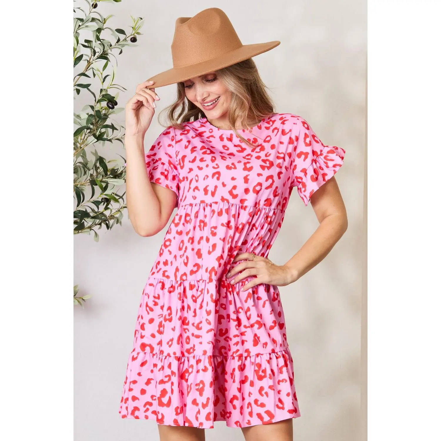 Double Take Printed Short Sleeve Ruffled Tiered Dress