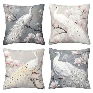 4pcs Set, Sofa Covers, White Peacock Pillow Covers, Home Decor, Sofa Lumbar Support Covers, Double-Sided Printing, Without Pillow Core