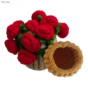 Yarn Hand-Woven Rose Coaster & Flower Basket Set, Handcrafted Home Office Decorative Bouquet, Durable Creative Romantic Gift for Boyfriend (Anniversary, Birthday)