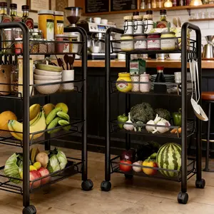 Household Food Storage Rolling Cart, 3/4/5 Tier Detachable Wire Basket Organizer with Wheels & Hooks, Space Saving Gap Cart for Fruit Veggie Spice Kitchen Storage