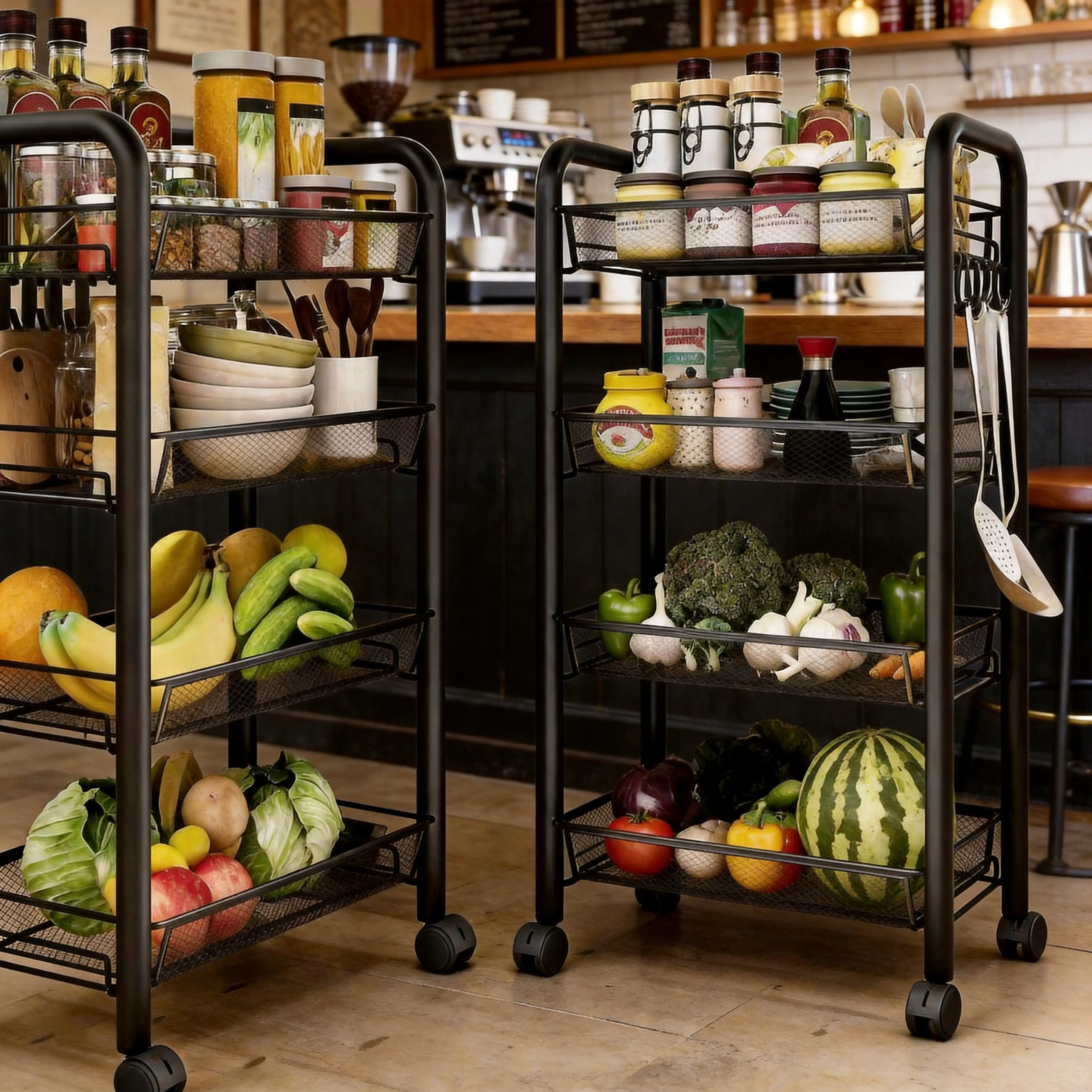 Household Food Storage  Cart, 3/4/5 Tier Detachable Wire Basket Organizer with Wheels & Hooks, Space Saving Gap Cart for Fruit Veggie Spice Kitchen Storage Metal Rolling Utility Cart