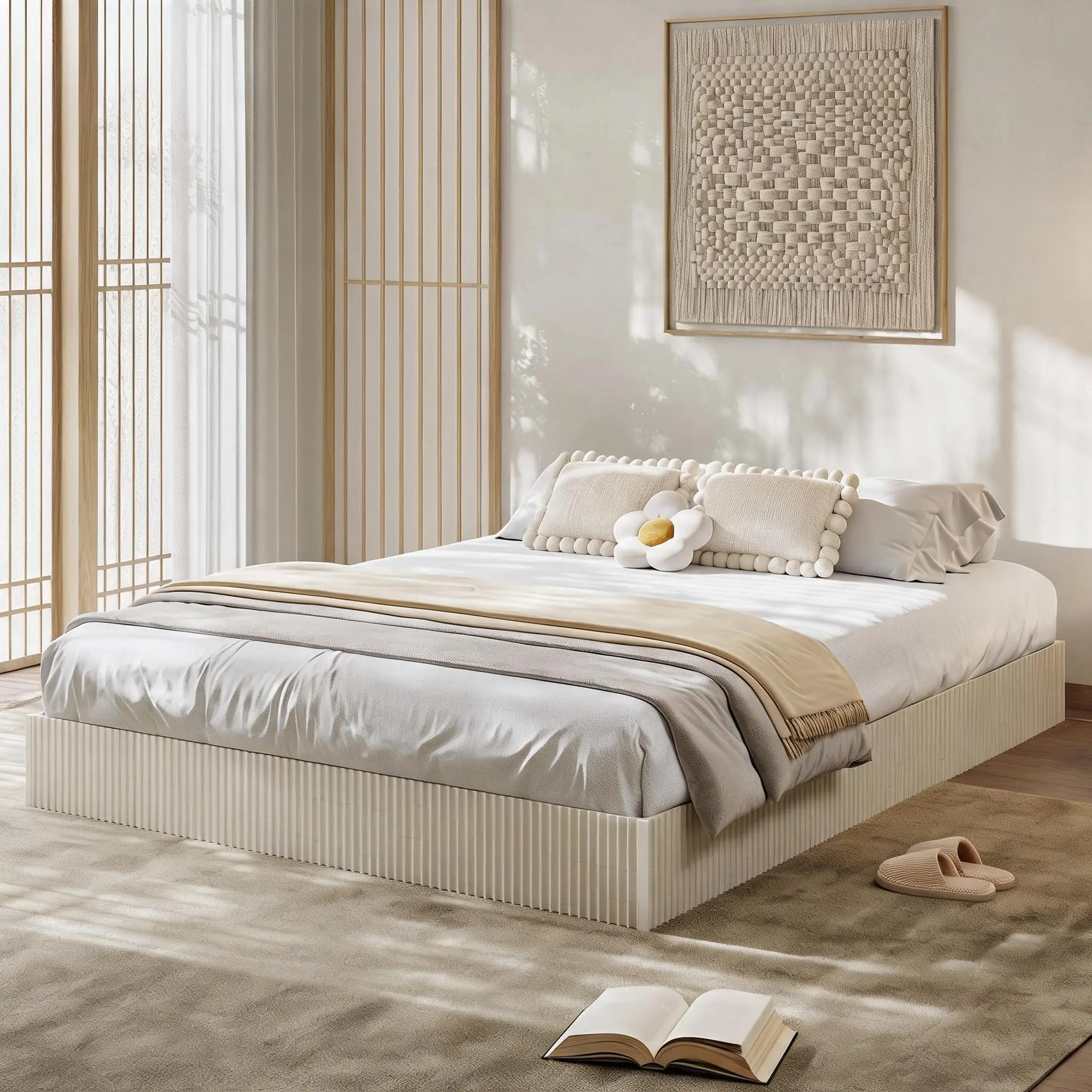 Modern Fluted Wood Platform Bed Frame - Low Profile Minimalist Bed Base, Noise-Free, Easy Assembly, No Box Spring Needed - Cream White, Full