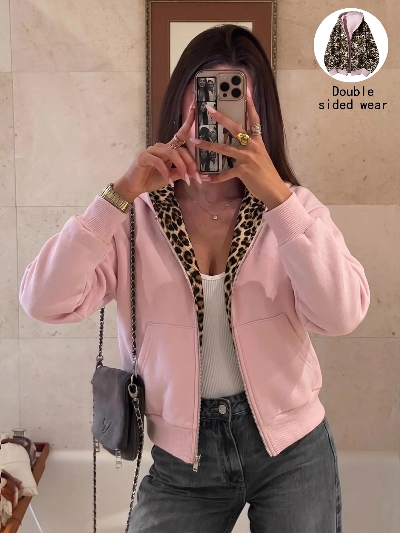 Women’s cotton double-sided zip-up hooded jacket with leopard print lining; solid-color outer layer with leopard print lining on both sides; soft, durable fabric with deeper side pockets; long-sleeve casual hoodie.Loose long-sleeve vintage street-style ca
