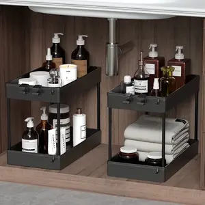 2 Pack Under Sink Organizer, 2 Tier Under Sink Storage Organizer, Bathroom Standing Rack, Bath Collection Baskets with Hooks, Multi-purpose Storage Shelf, Black